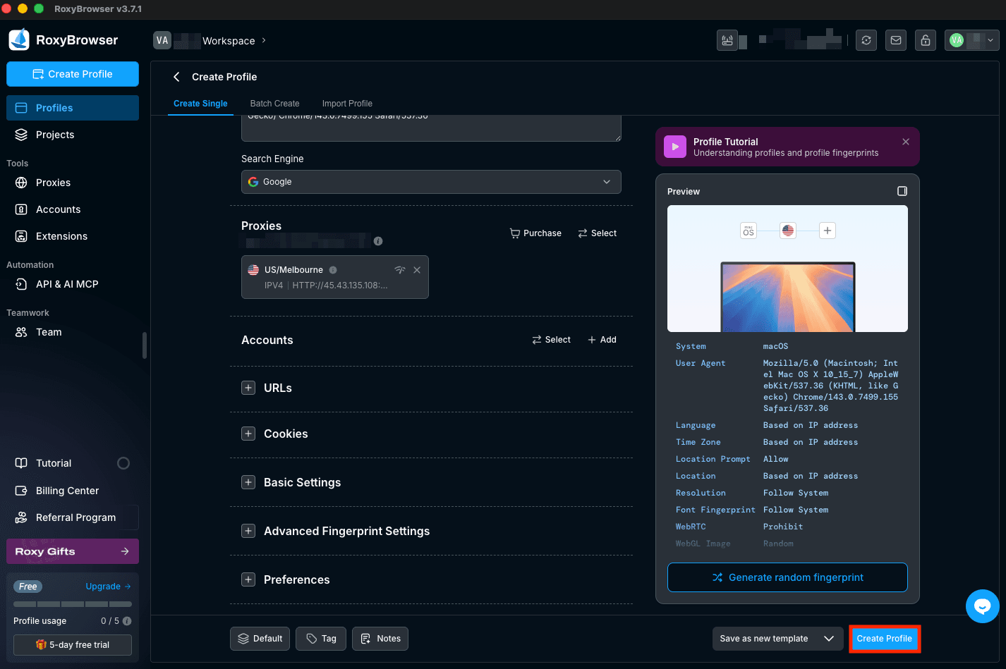 RoxyBrowser profile setup with proxy added and Create Profile button highlighted