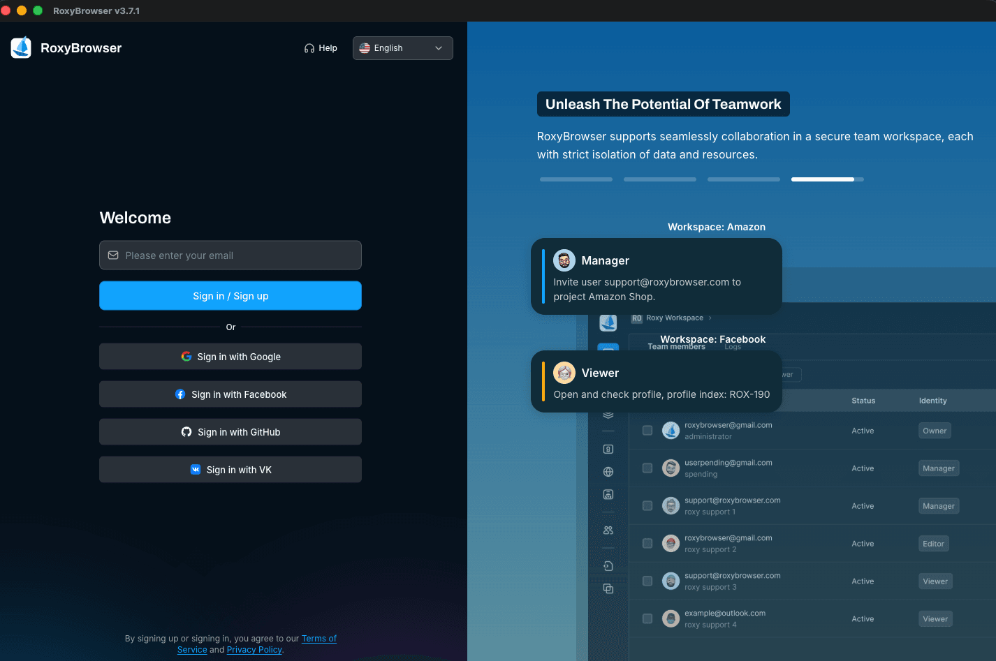 RoxyBrowser sign in screen