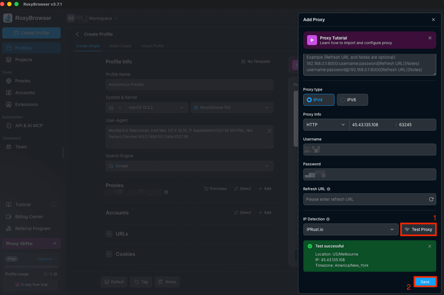 Test Proxy in RoxyBrowser showing a successful proxy connection result