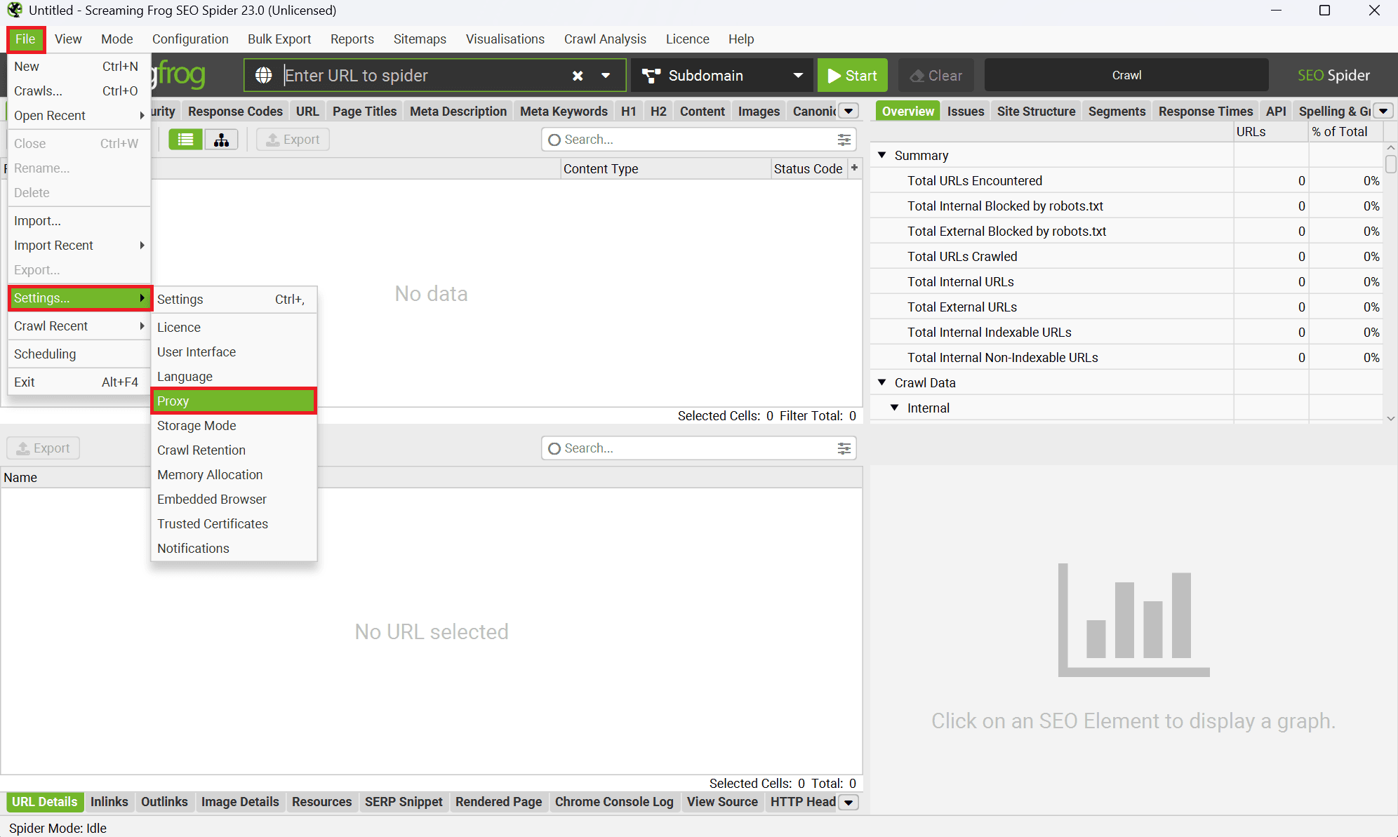 Screaming Frog proxy details.