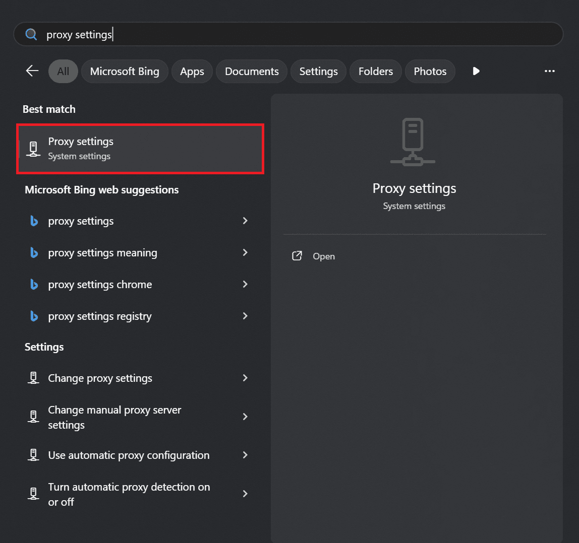 Search for proxy settings in Windows.