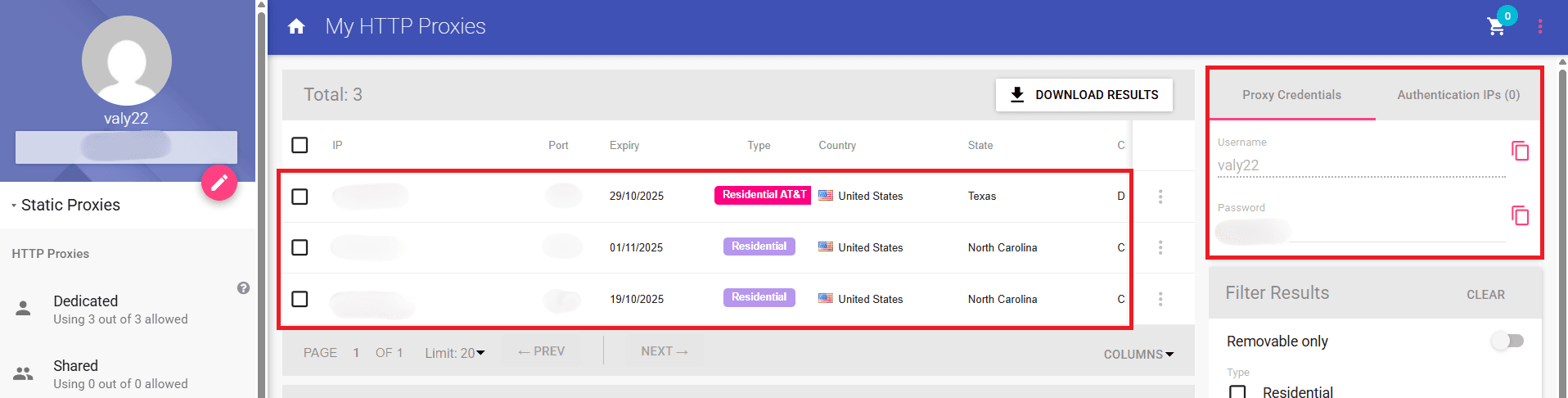 Proxy credentials panel with username and password.