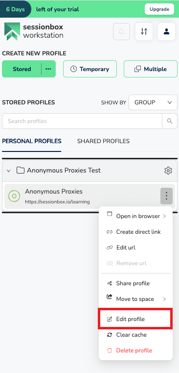 Edit SessionBox One profile