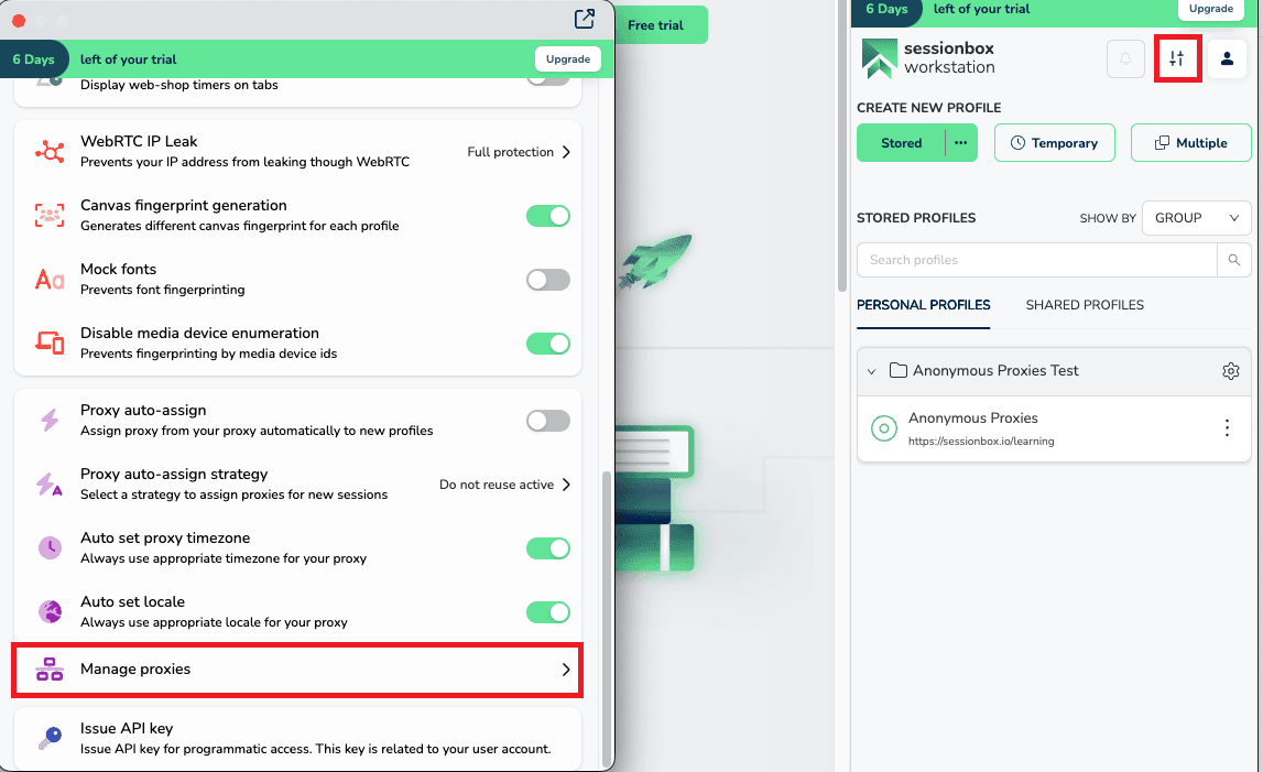 Open Manage proxies in SessionBox One