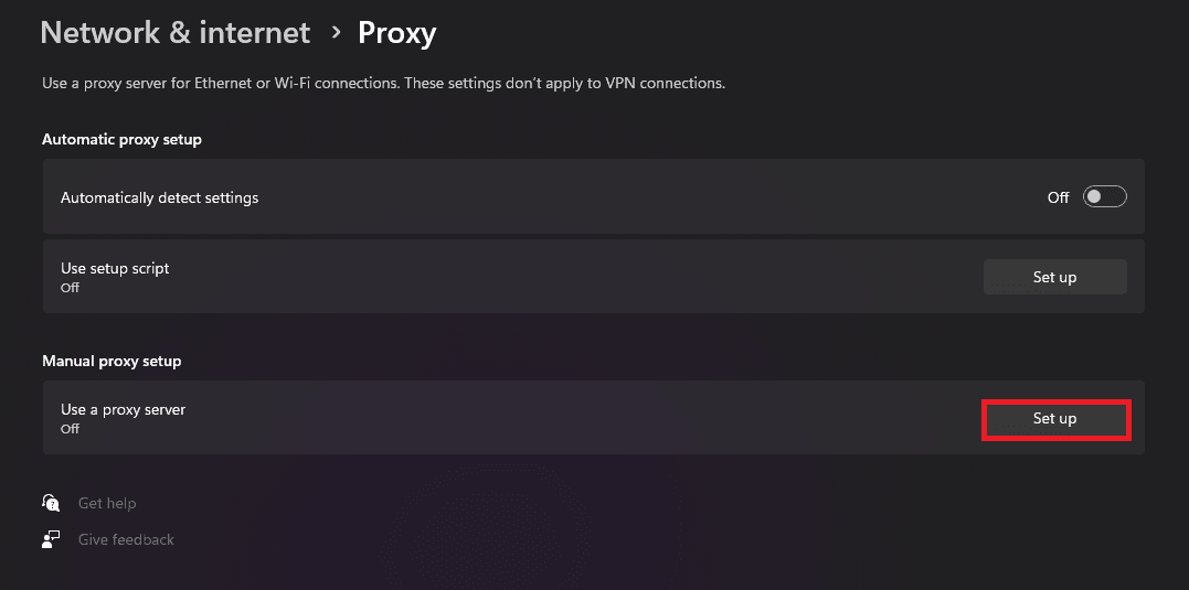 Windows Settings → Network & internet → Proxy page with the “Set up” button.