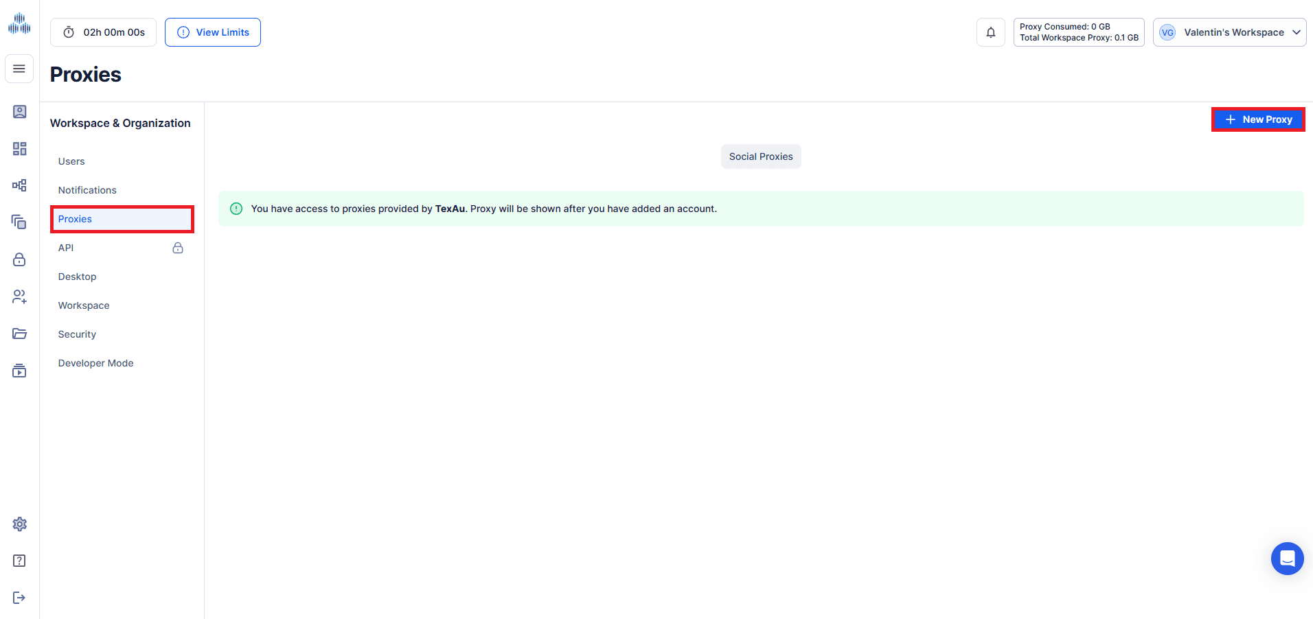 Proxies page in TexAu highlighting New Proxy Button