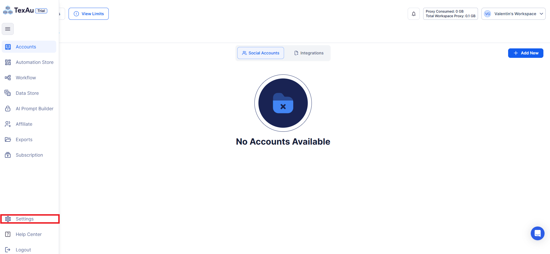 TexAu settings menu for proxy configuration