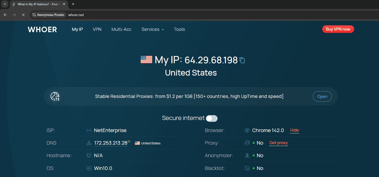 Check new IP on Whoer