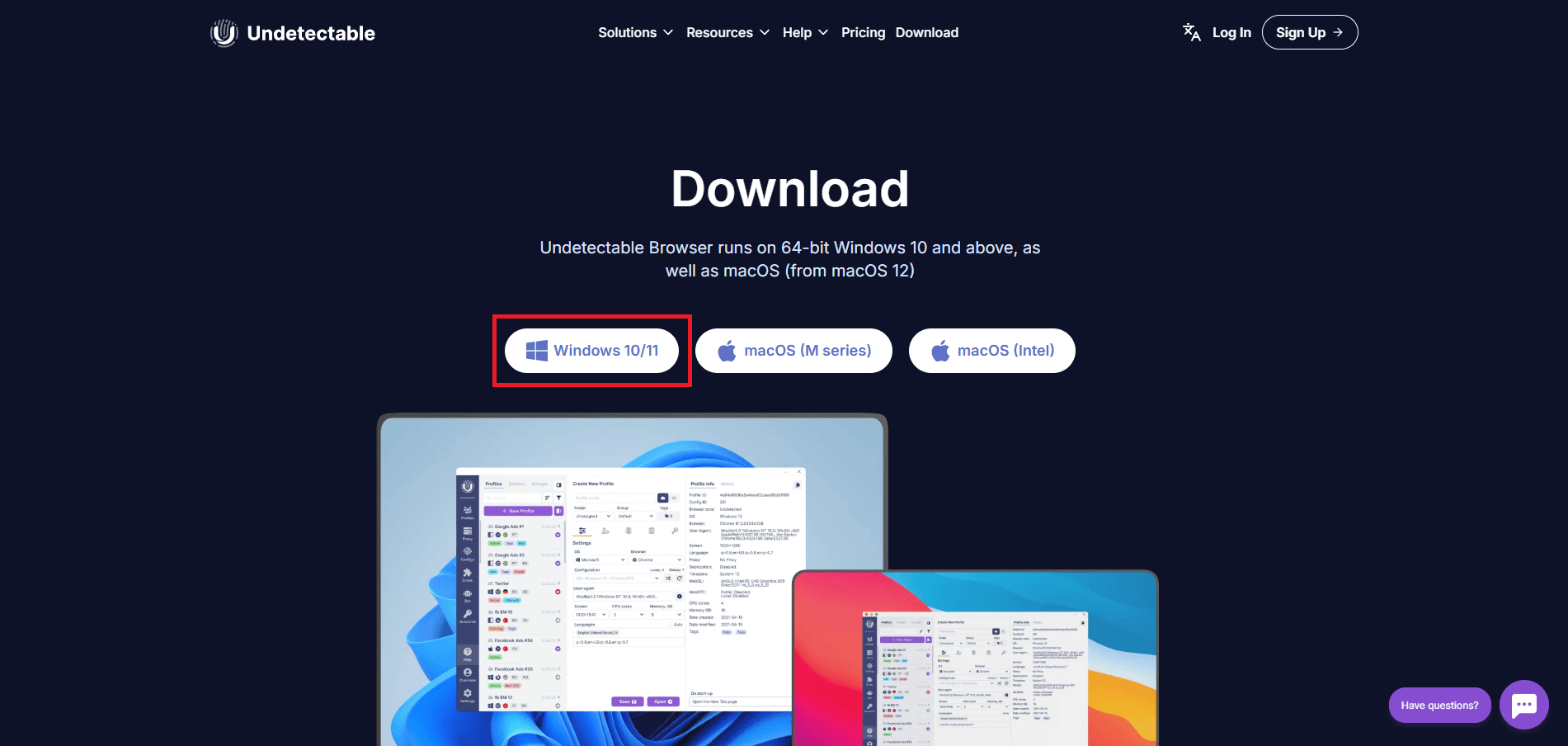 Undetectable download page showing what operating system it supports