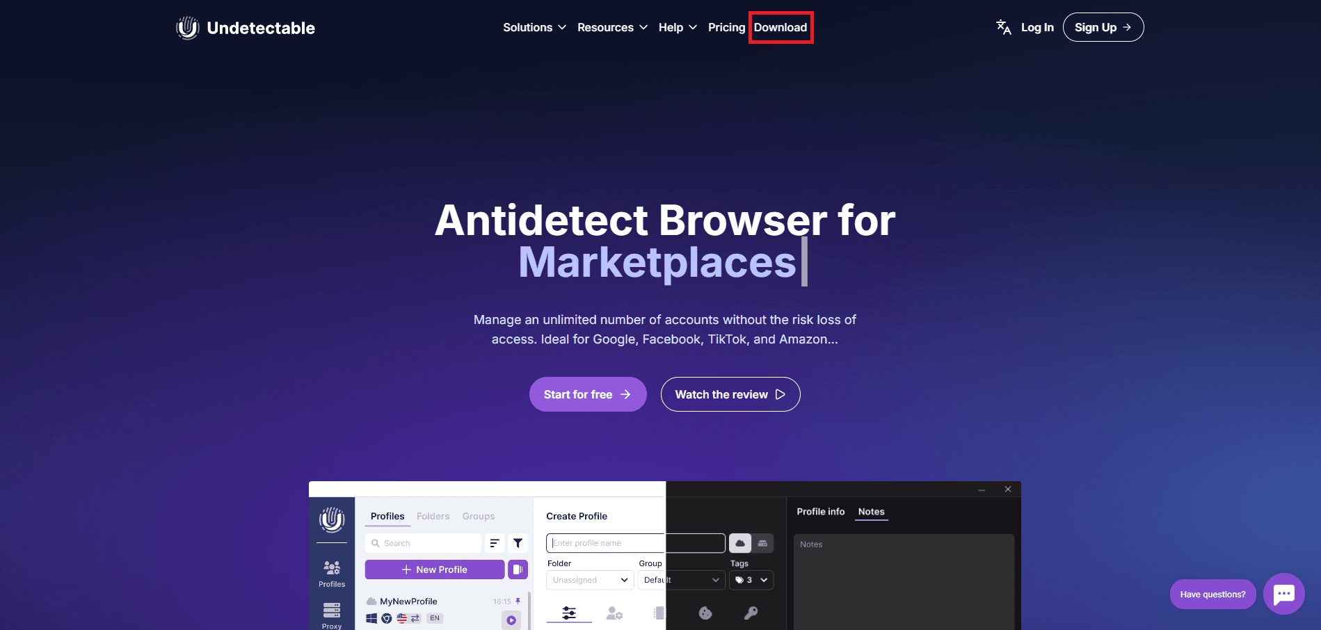 Undetectable browser with the download button highlighted