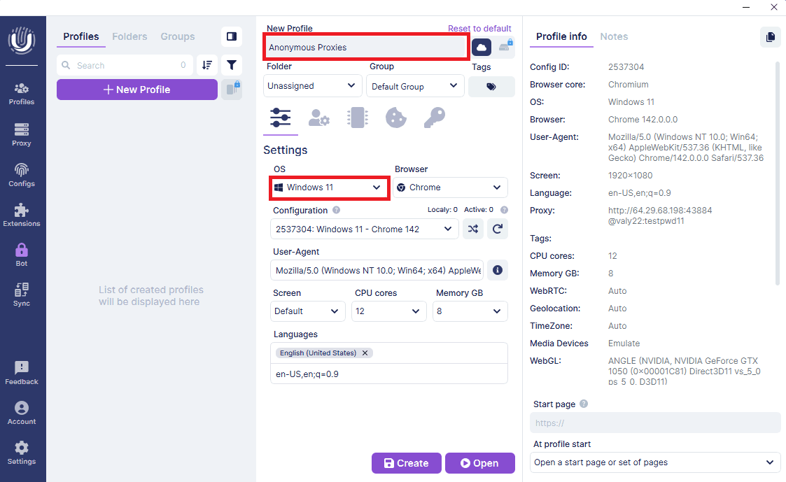 Undetectable profile settings configured for Anonymous Proxies