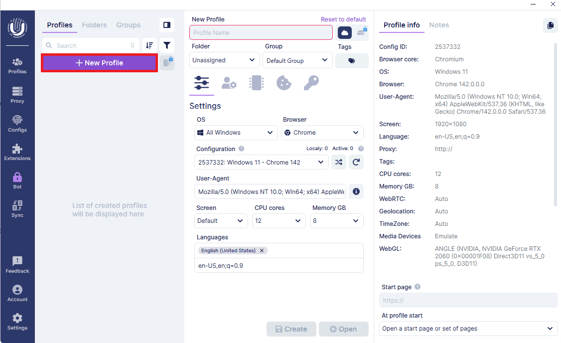Create a new Undetectable browser profile
