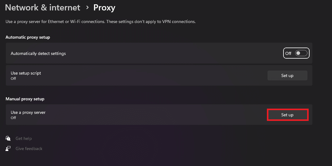 Open Windows Network and Internet proxy settings for manual setup.