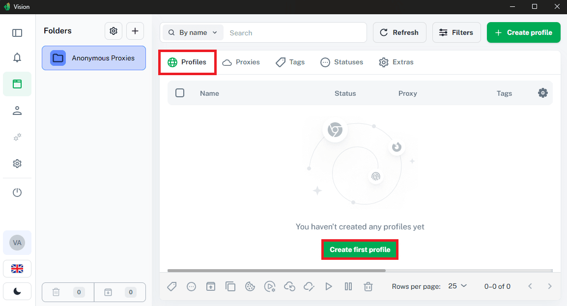 Vision Profiles tab showing option to create first browser profile