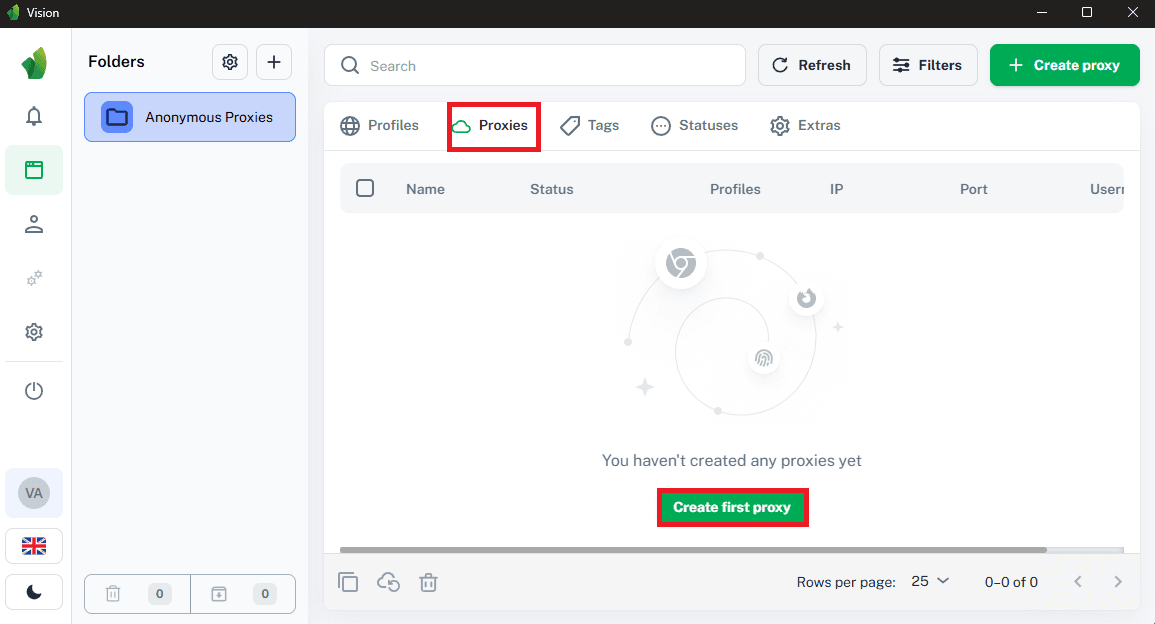 Vision Proxies tab with button to create first proxy entry
