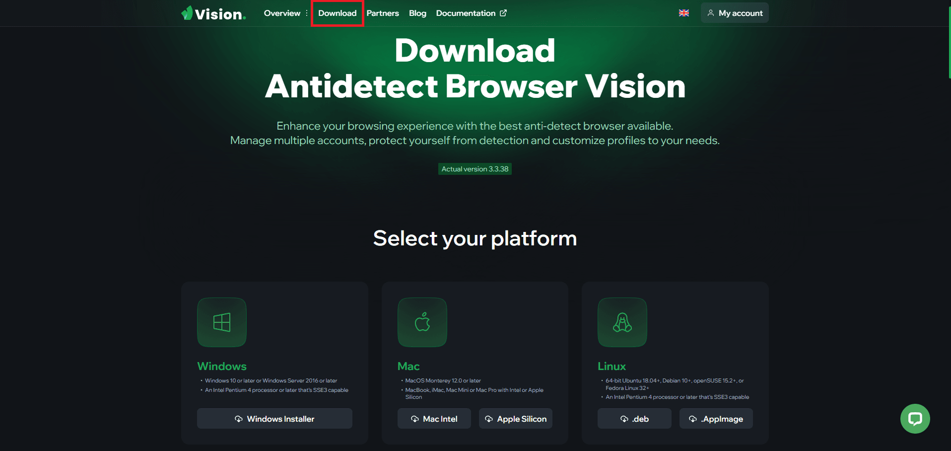Vision antidetect browser download page