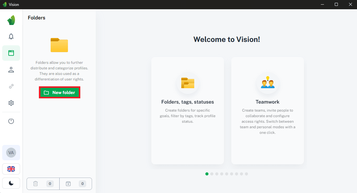 Creating a new folder for Anonymous Proxies profiles in Vision dashboard
