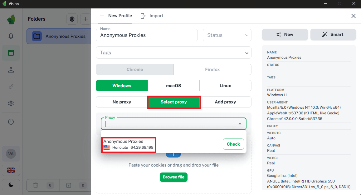 Selecting Anonymous Proxies server for a new Vision browser profile