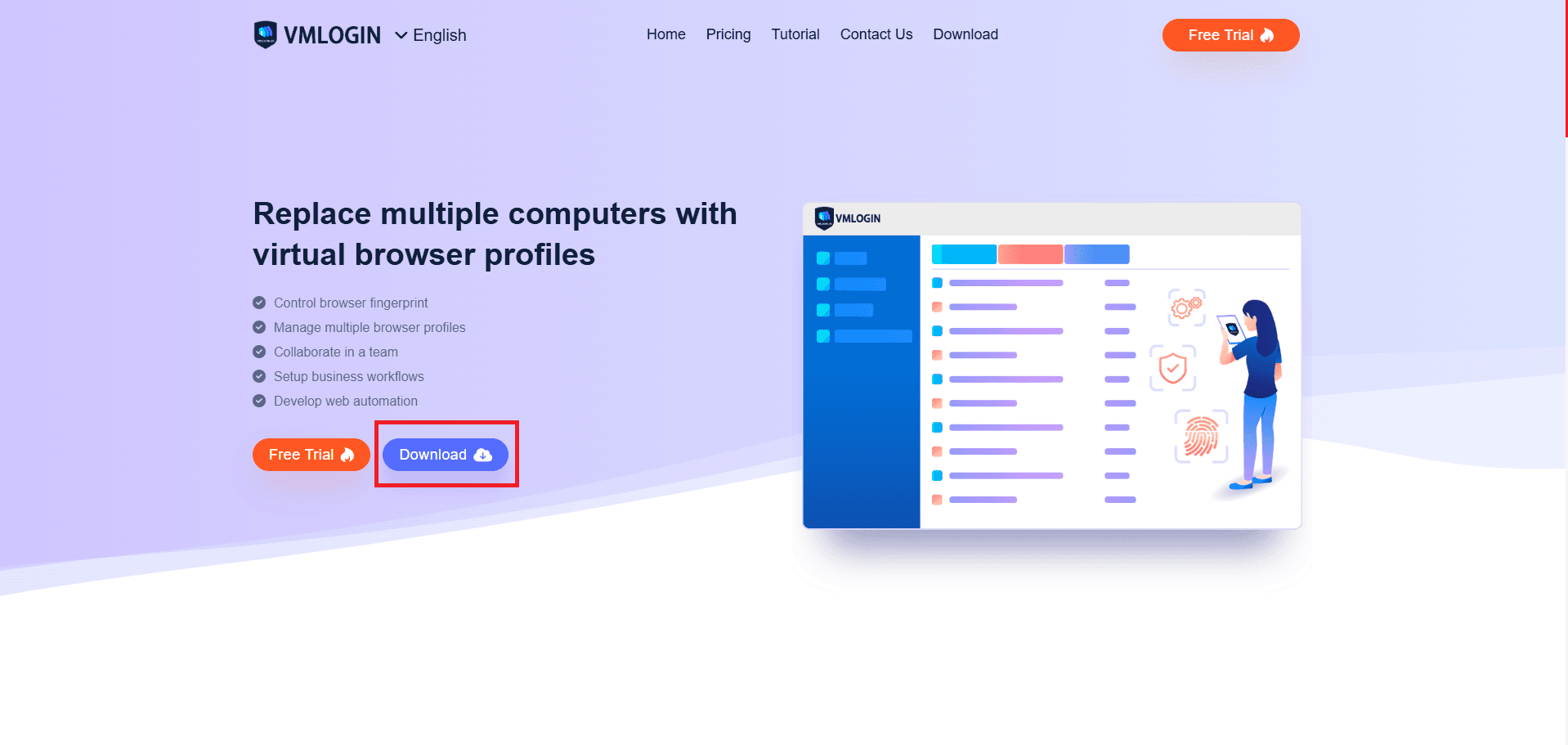 VMLogin homepage with the Download button highlighted.
