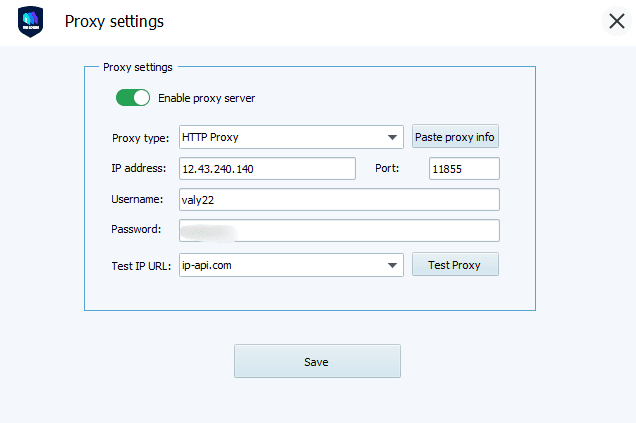 Proxy settings dialog with IP, Port, Username, Password fields.