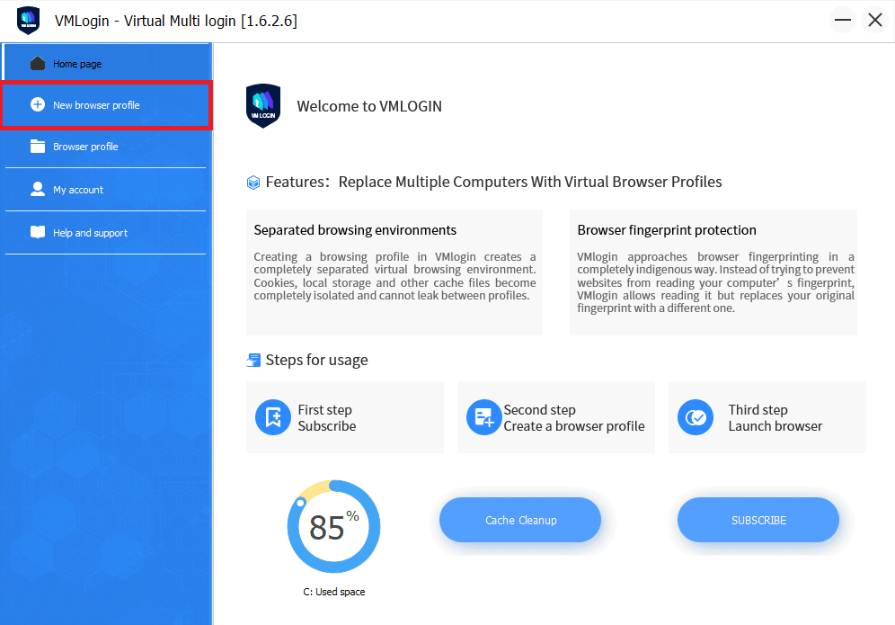 Dashboard with New browser profile highlighted.