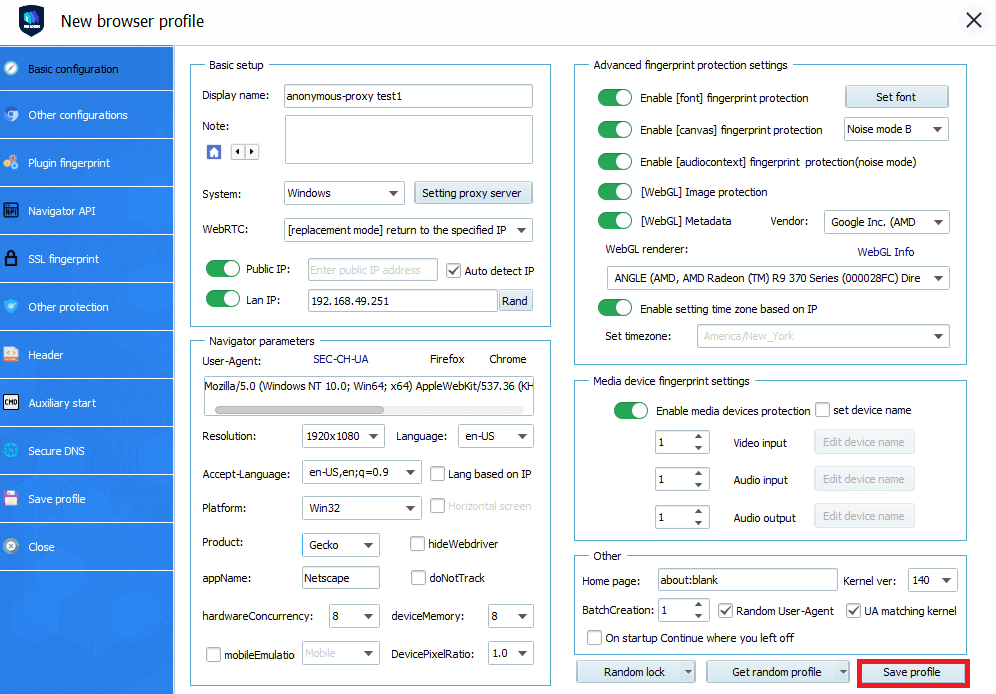 New browser profile window with Save profile highlighted.