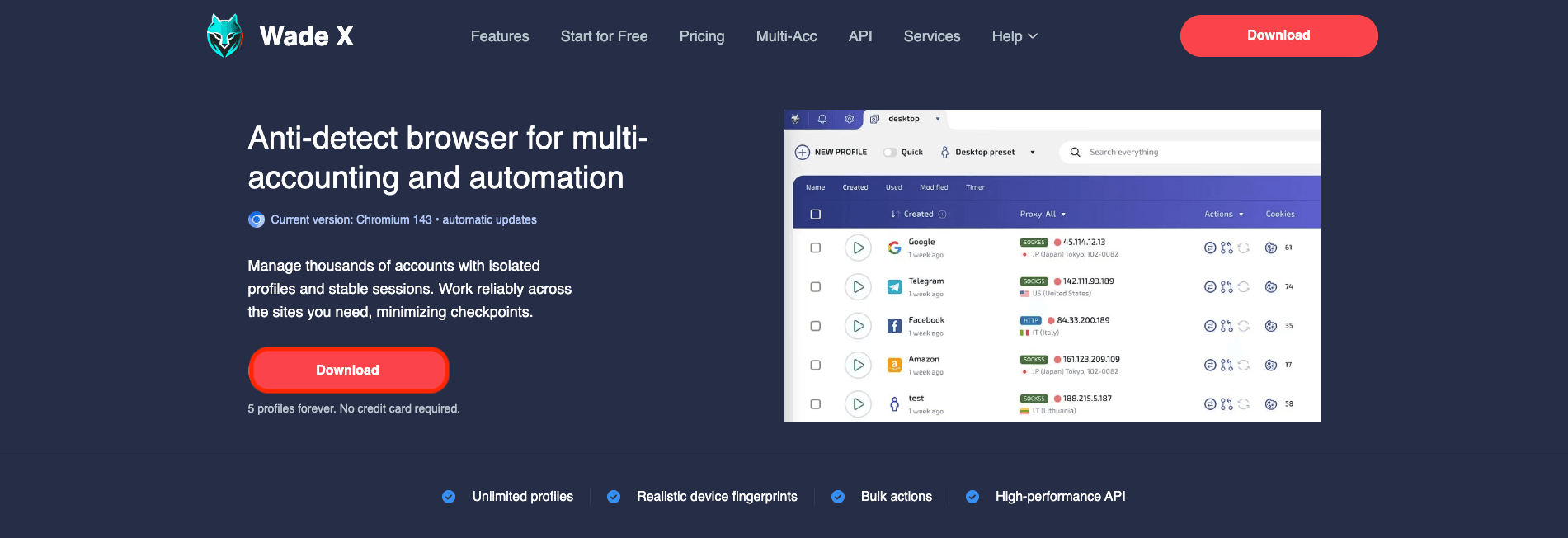 Wade X website with the Download button highlighted
