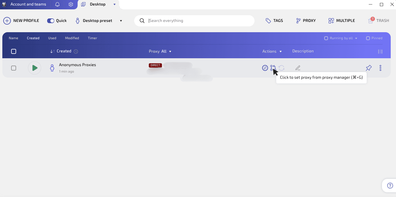 Profile row showing the “set proxy” tooltip