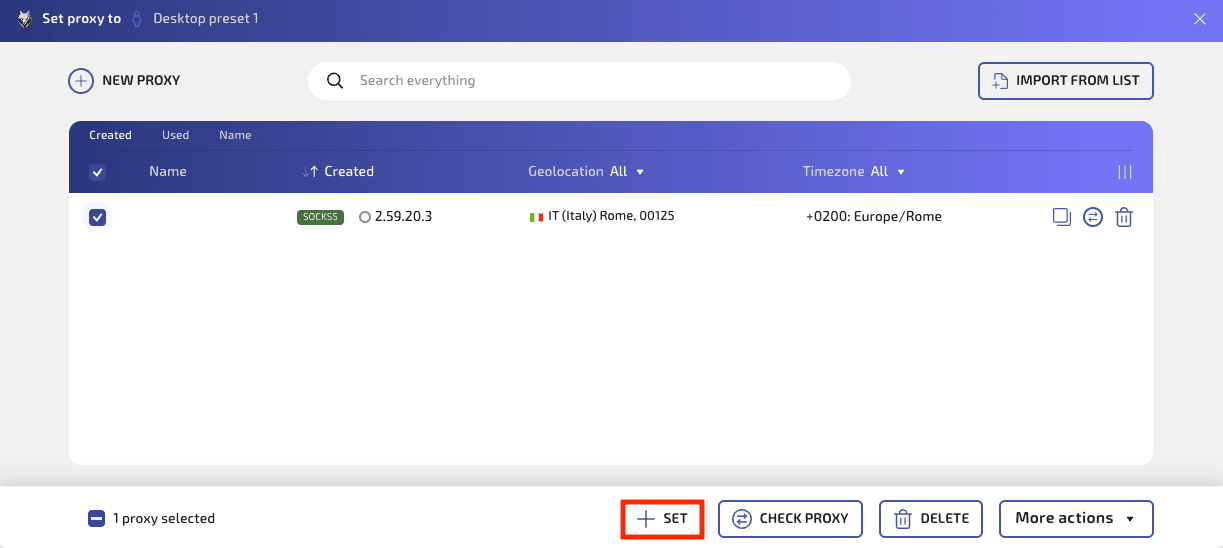 Proxy selected with the Set button ready
