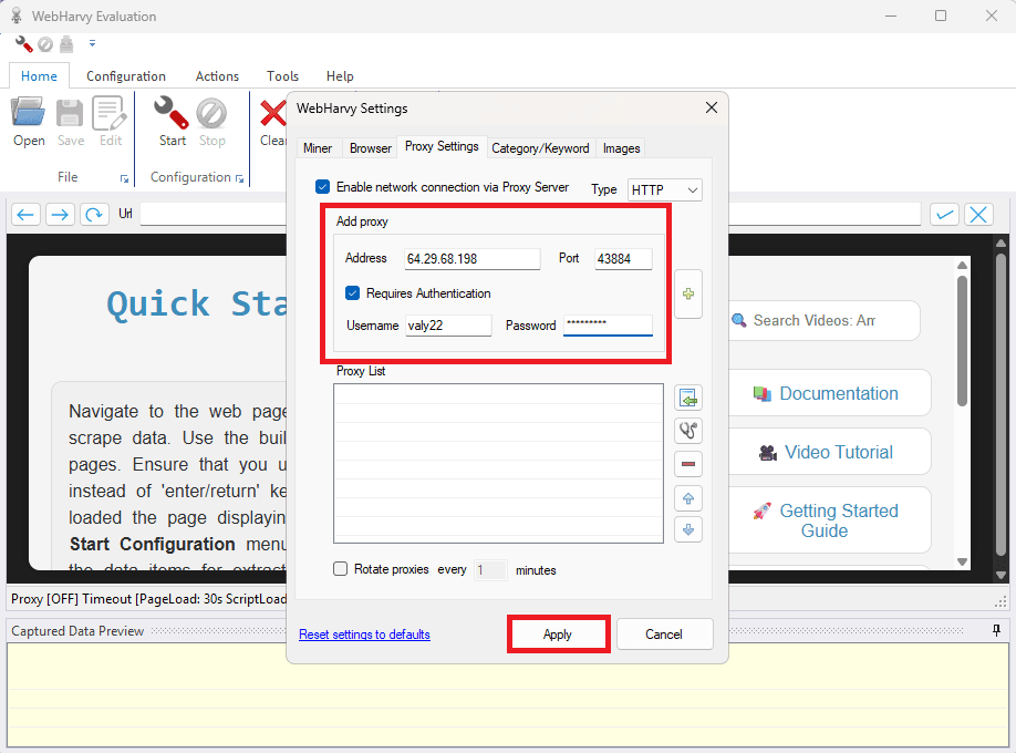 Add proxy details in Webharvy
