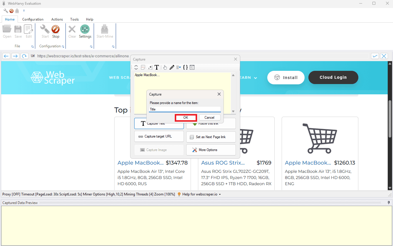 WebHarvy Capture dialog naming a field during Capture Text for a product title