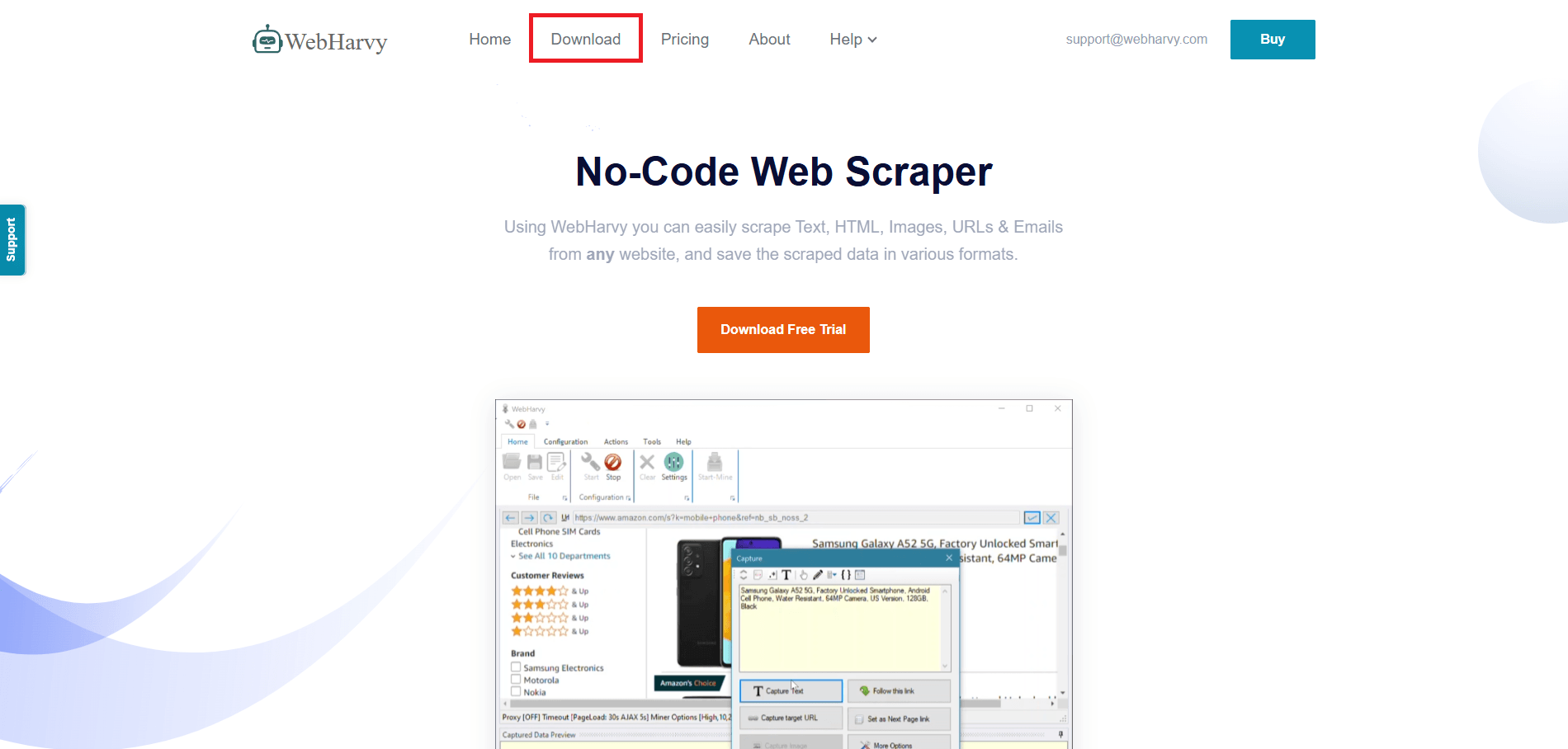 WebHarvy website highlighting the Download button