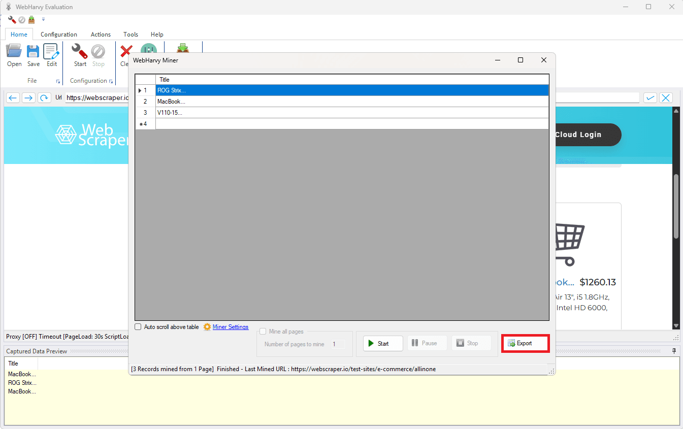 Exporting scraped data from WebHarvy Miner using the Export button after mining results