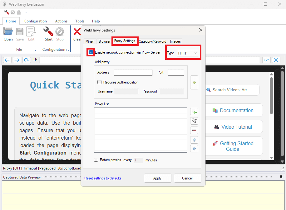 WebHarvy Proxy Settings tab showing proxy server toggle and HTTP type selection