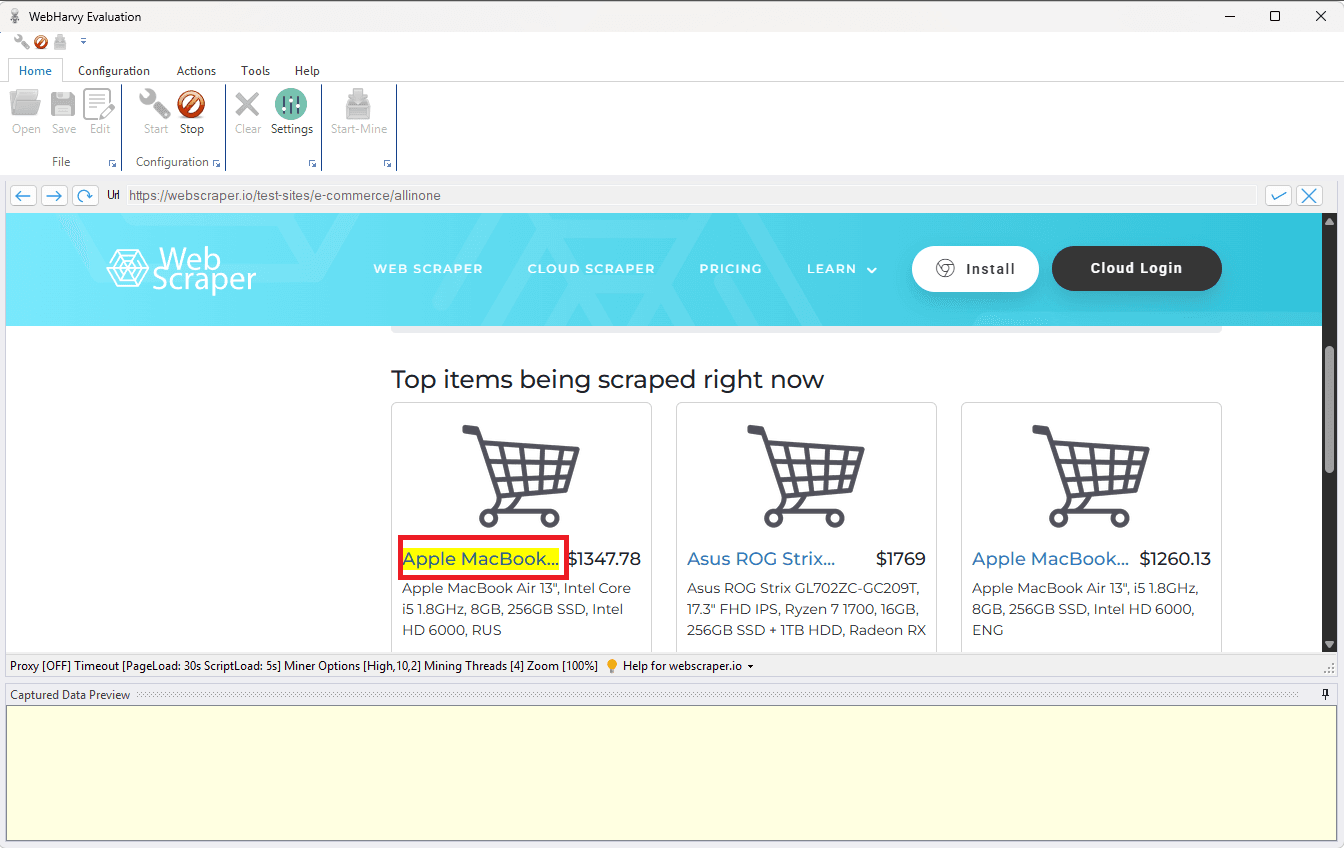 Selecting a product title on the demo e commerce page to capture data fields in WebHarvy