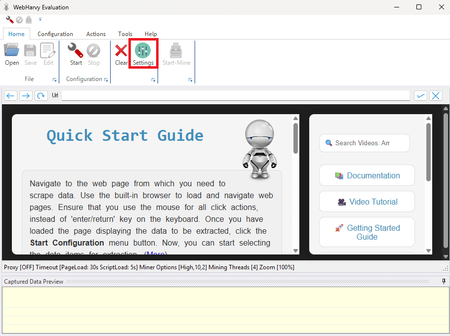 WebHarvy interface with the Settings button highlighted to open configuration options