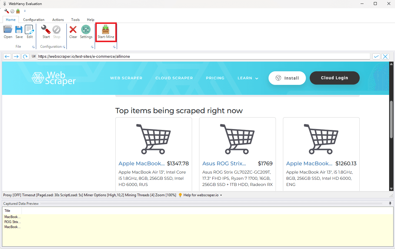 WebHarvy Start Mine button highlighted to begin extracting the selected data