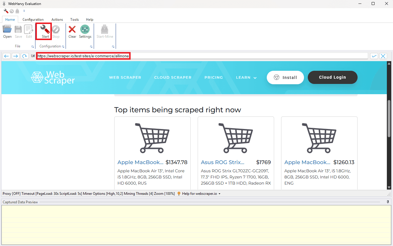 Starting WebHarvy scraping on the WebScraper test e commerce page using the Start button