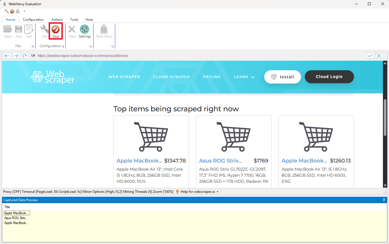 Stopping the WebHarvy selection process and viewing captured data preview in the results pane