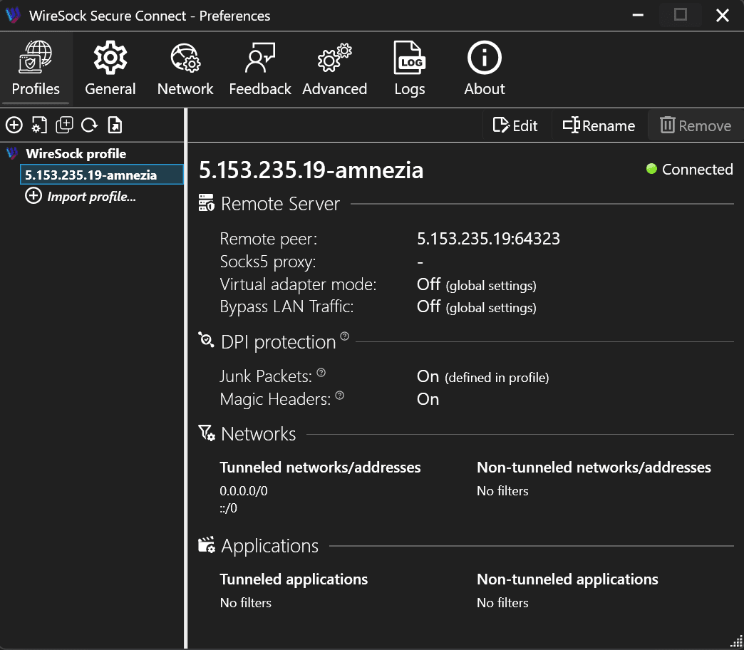 WireSock Amnezia profile connected with green status indicator.