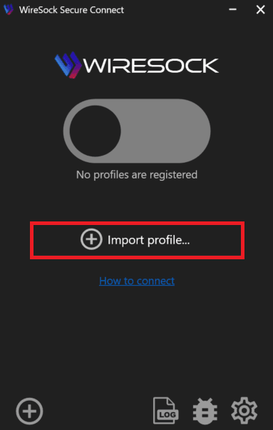 WireSock app showing Import profile button to add the Amnezia config.