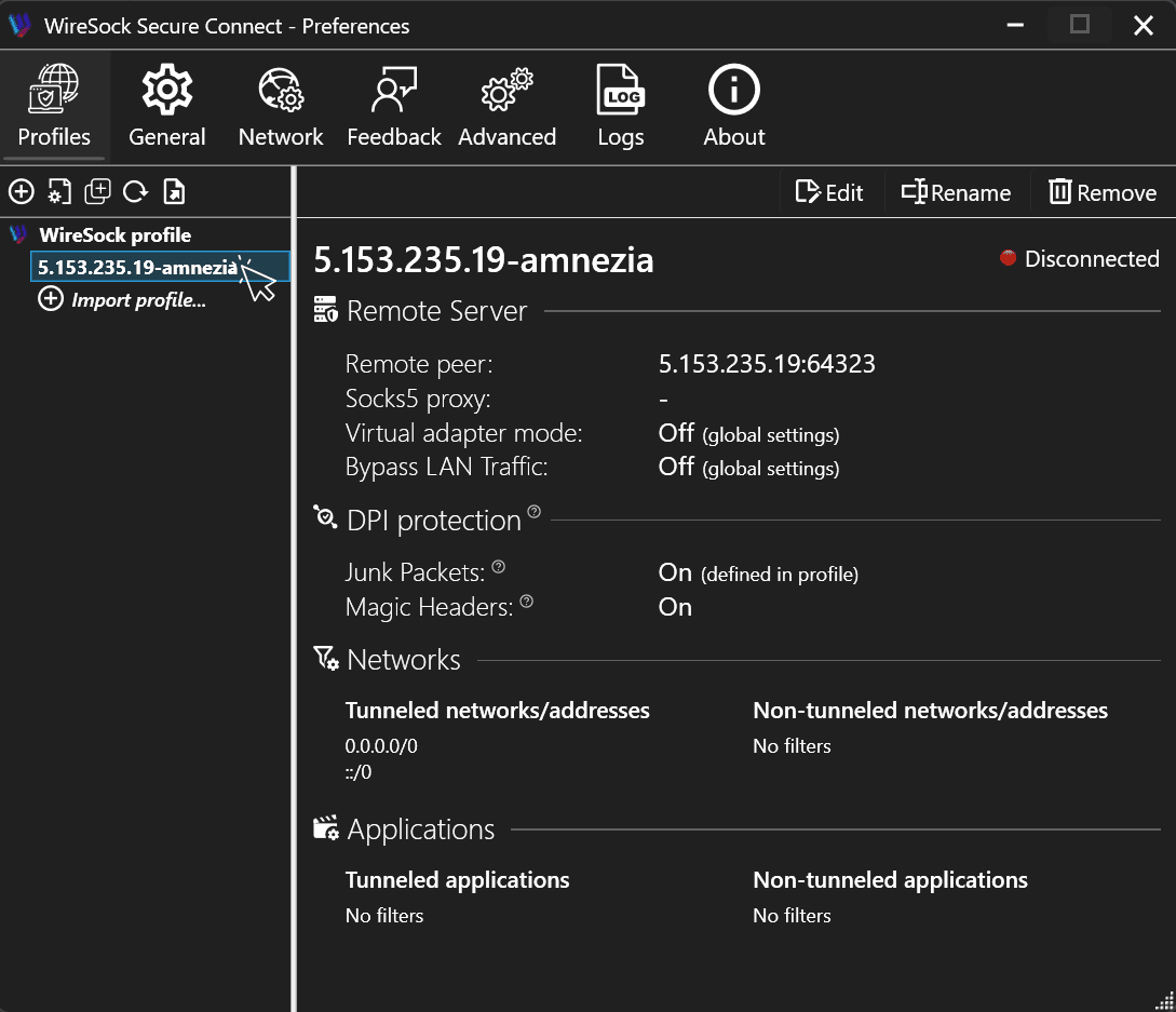 WireSock Amnezia profile selected and ready to start the VPN connection