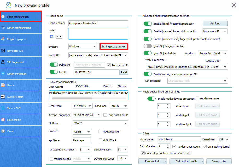 Xlogin Profile Proxy Settings Window.