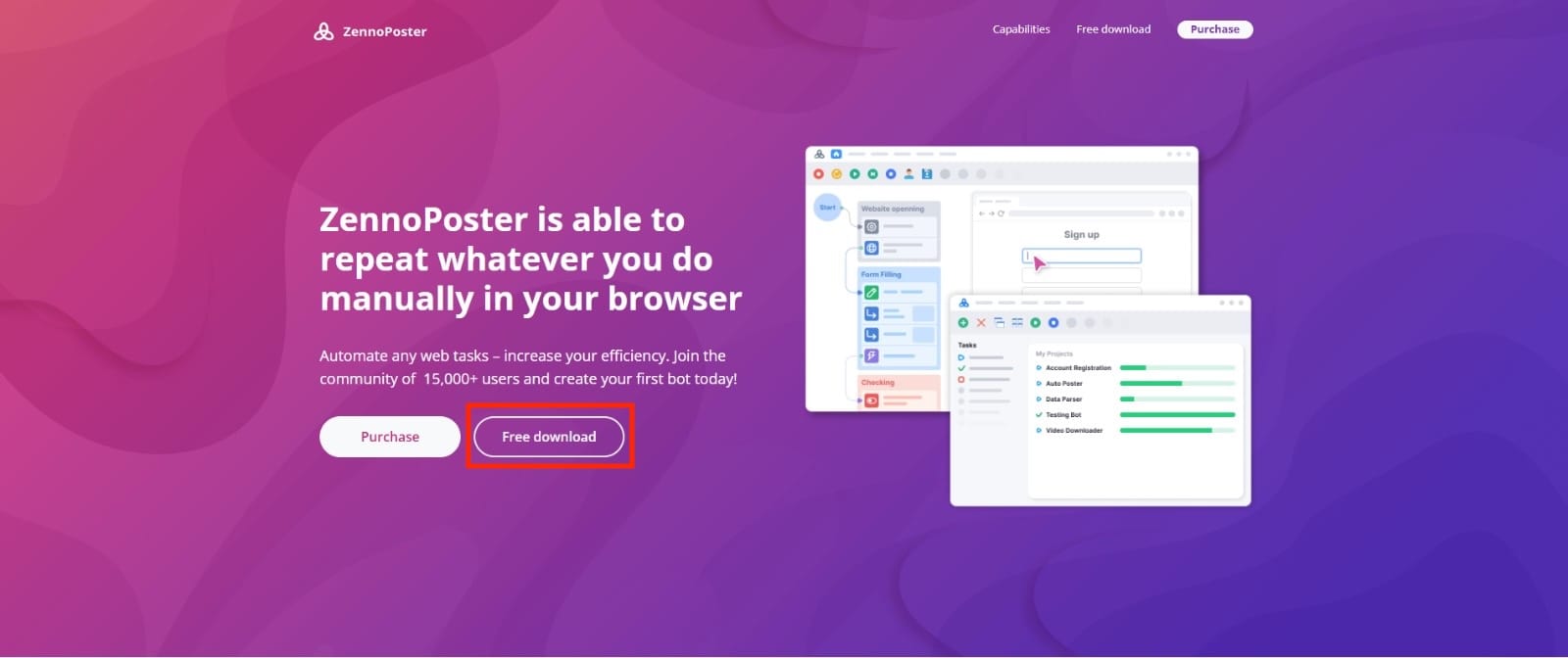 ZennoPoster official site with Free download button highlighted