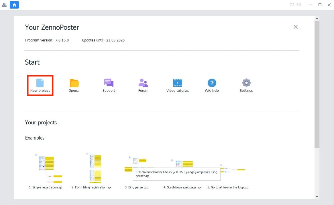 ZennoPoster start screen highlighting New project to create a new template
