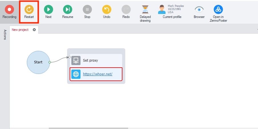ZennoPoster template with Set proxy and whoer.net steps plus Restart button highlighted