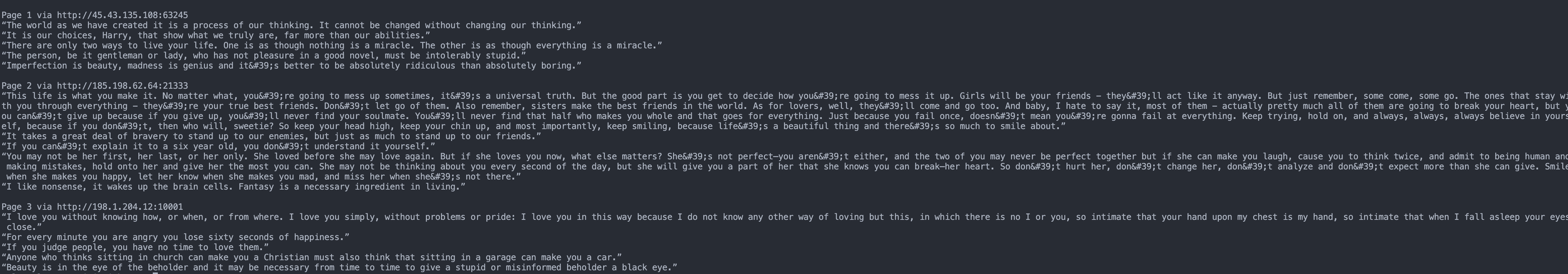 AIOHTTP HTTP proxy rotation output showing different proxy IPs per page