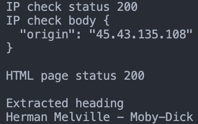 AIOHTTP HTTP proxy test output showing exit IP and status 200