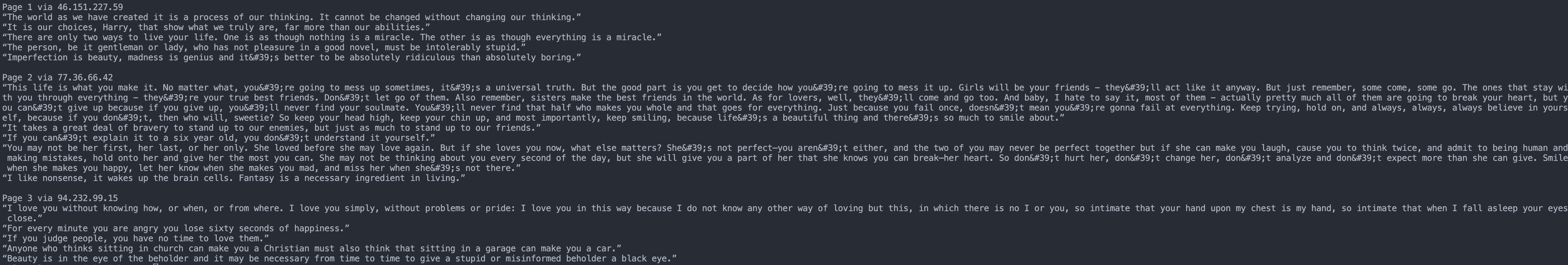 AIOHTTP SOCKS5 proxy rotation output showing different proxy IPs per page