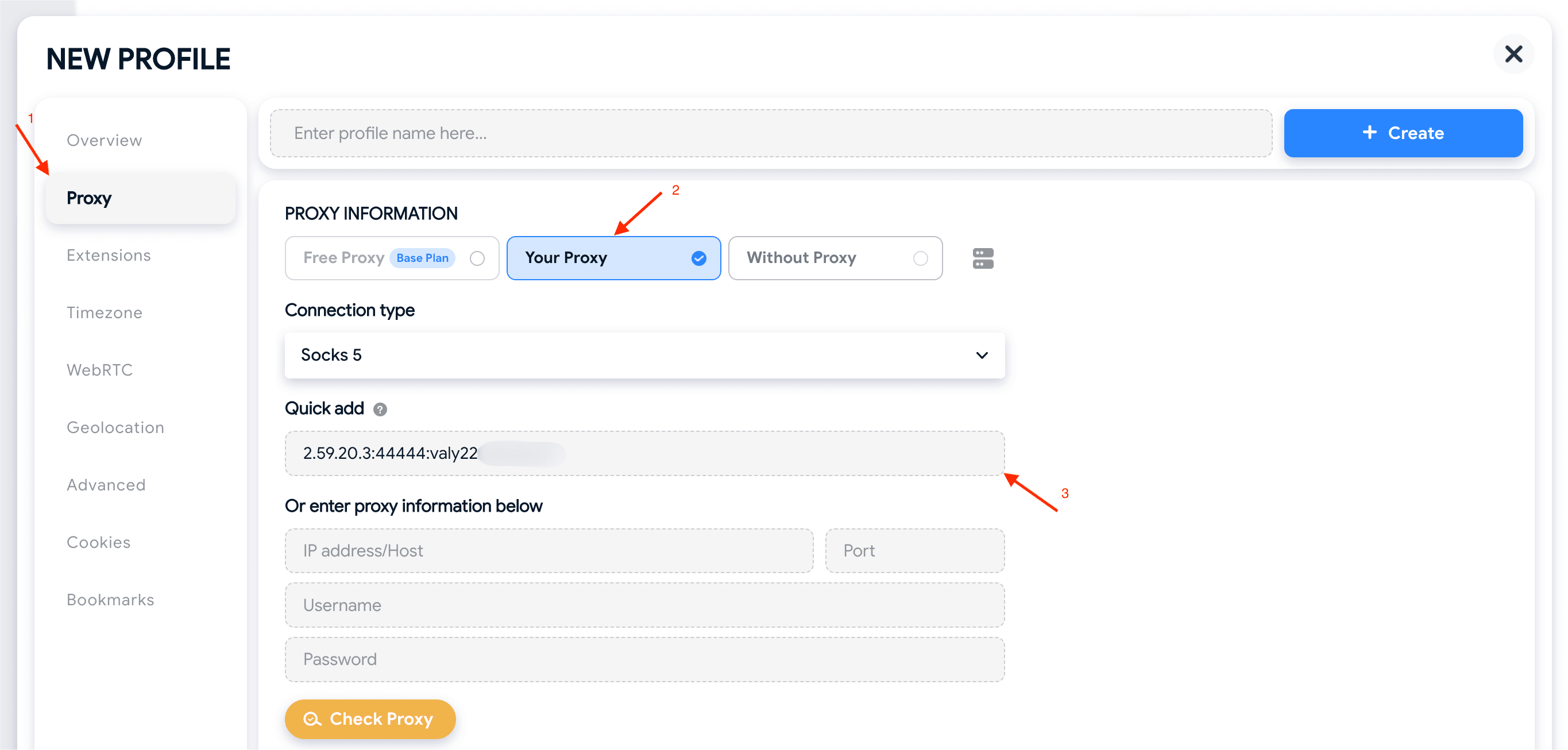 Hidemyacc proxy settings showing “Your Proxy” selected and Quick add field for residential proxy